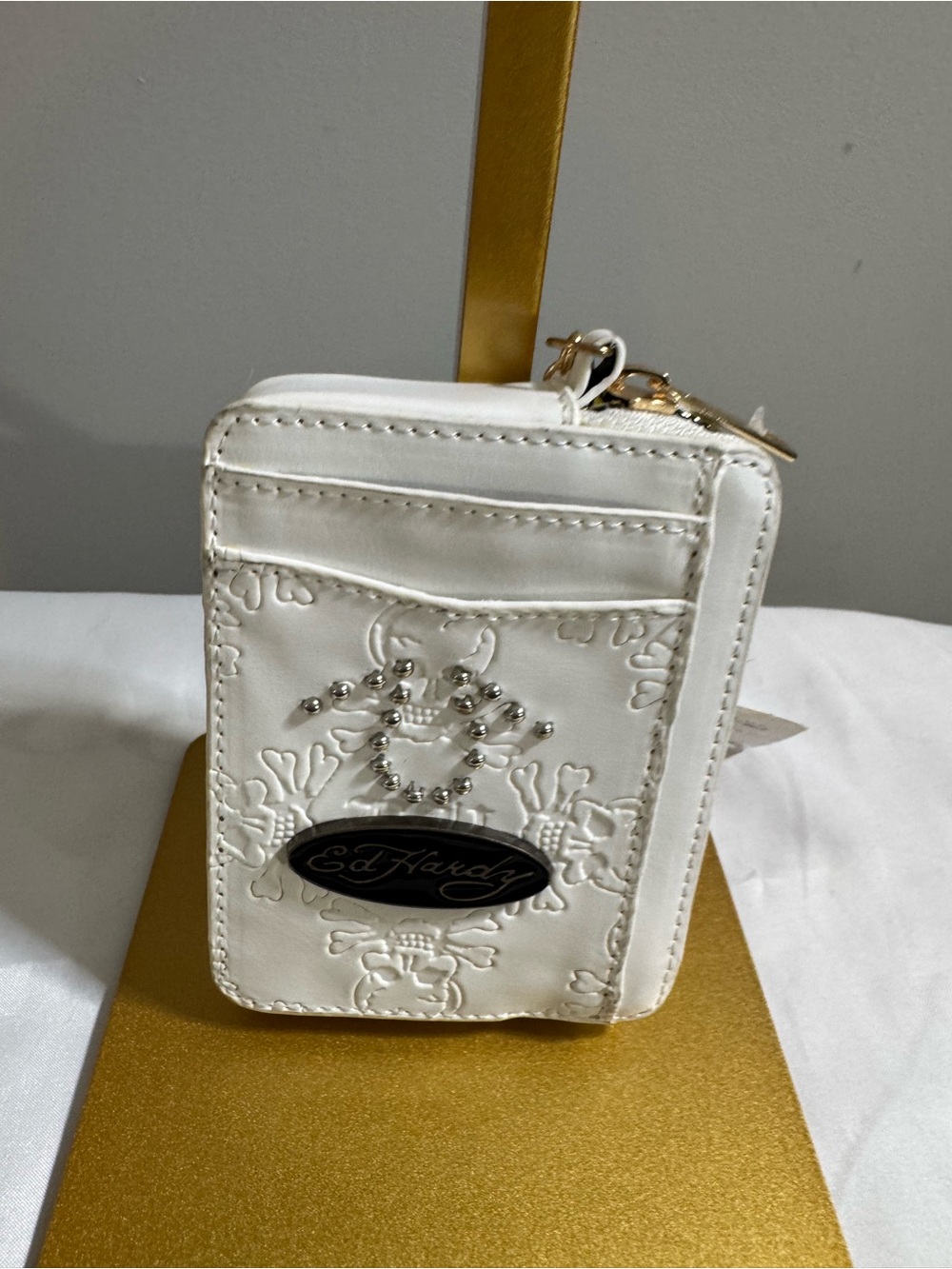 Ed Hardy White Zip Wallet with Embossed Skull and Rhinestone Accent